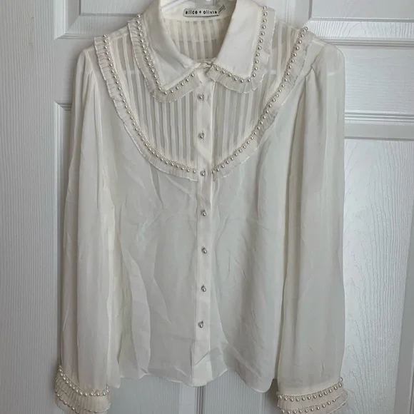 Alice + Olivia White Sheer Button Down Shirt - Picture 6 of 8